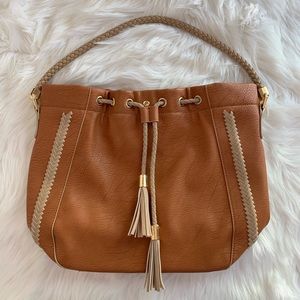 EUC Charming Charlie Whipstitch Bucket Tote w/ Braided Handle – Brown